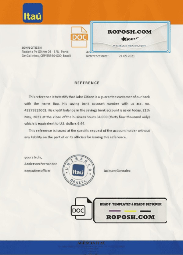 Brazil Itau bank account reference letter template in Word and PDF format