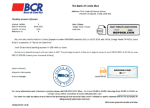 Costa Rica The Bank of Costa Rica bank account reference letter template in Word and PDF format