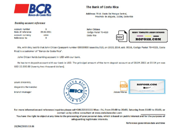 Costa Rica The Bank of Costa Rica bank account reference letter template in Word and PDF format