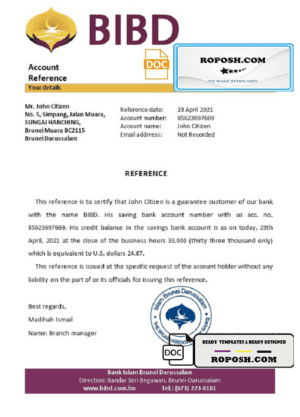 Brunei Islam Darussalam bank account reference letter template in Word and PDF format