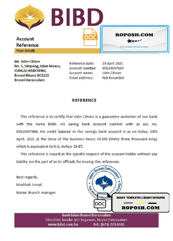 Brunei Islam Darussalam bank account reference letter template in Word and PDF format