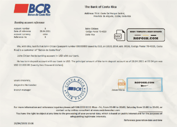 Costa Rica The Bank of Costa Rica bank account reference letter template in Word and PDF format