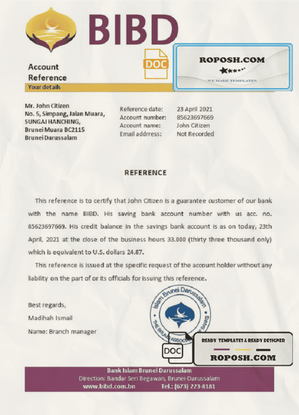 Brunei Islam Darussalam bank account reference letter template in Word and PDF format