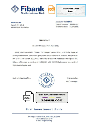 Bulgaria First Investment bank reference letter template in Word and PDF format