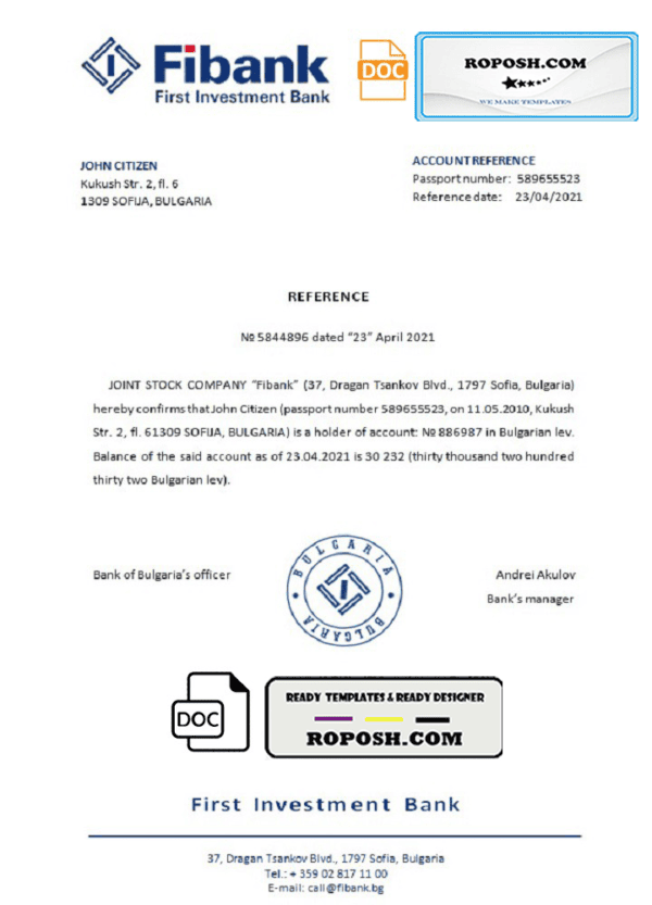 Bulgaria First Investment bank reference letter template in Word and PDF format