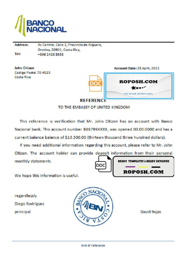 Costa Rica Banco Nacional de Costa Rica bank account reference letter template in Word and PDF format