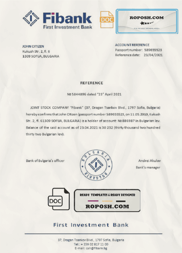 Bulgaria First Investment bank reference letter template in Word and PDF format