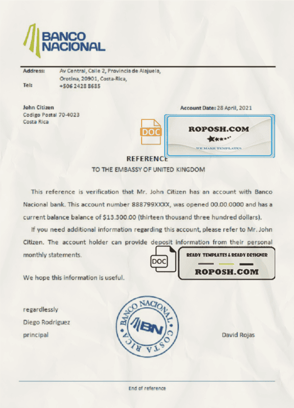 Costa Rica Banco Nacional de Costa Rica bank account reference letter template in Word and PDF format