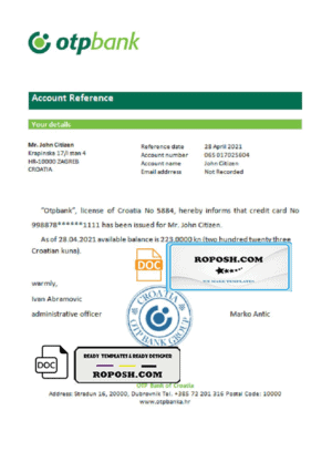 Croatia OTP bank account reference letter template in Word and PDF format