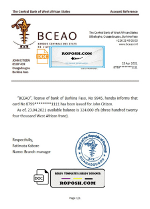 Burkina Faso The Central Bank of West African States bank reference letter template in Word and PDF format