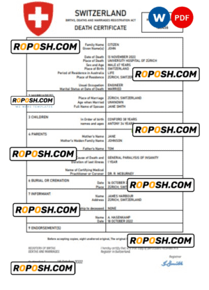 Switzerland vital record death certificate Word and PDF template