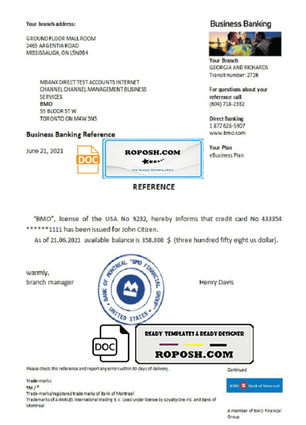 USA BMO bank account reference letter template in Word and PDF format