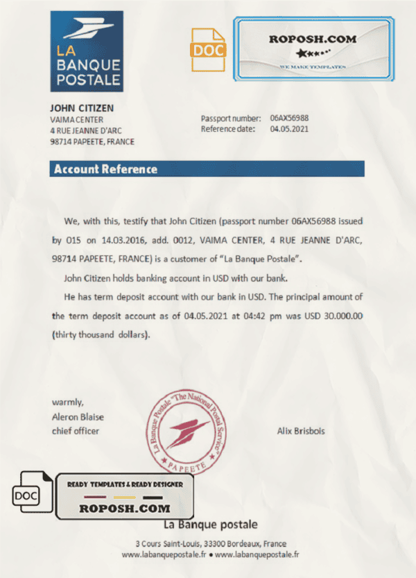 France La Banque Postale bank account reference letter template in Word and PDF format
