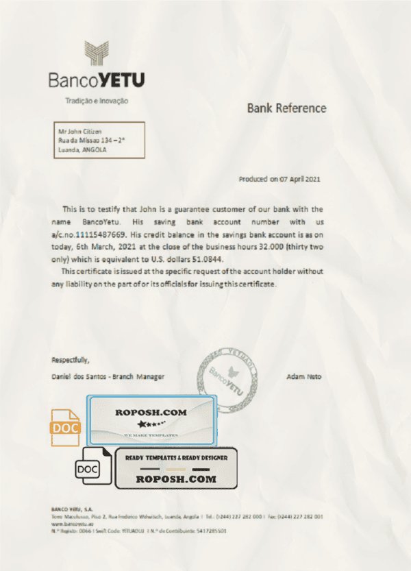 Angola Banco Yetu bank reference letter template in Word and PDF format