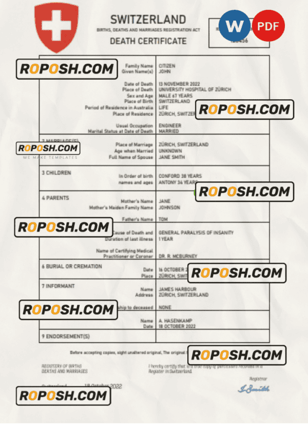 Switzerland vital record death certificate Word and PDF template