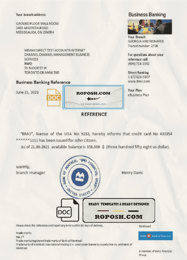USA BMO bank account reference letter template in Word and PDF format