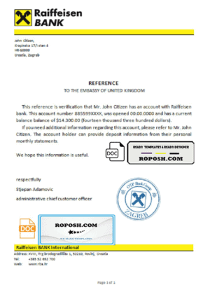 Croatia Raiffeisen Bank account reference letter template in Word and PDF format