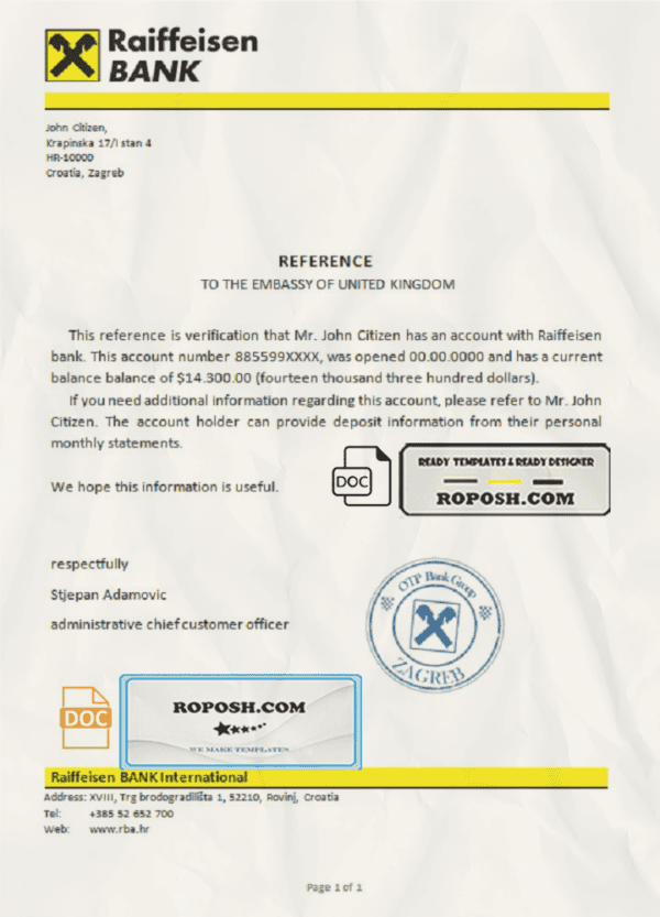 Croatia Raiffeisen Bank account reference letter template in Word and PDF format