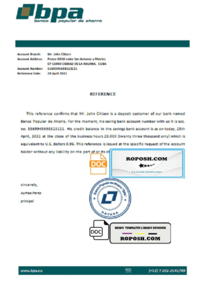 Cuba Banco Popular de Ahorro (BPA) bank account reference letter template in Word and PDF format