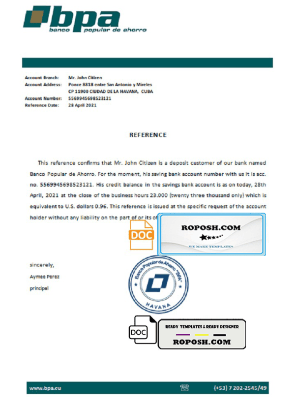 Cuba Banco Popular de Ahorro (BPA) bank account reference letter template in Word and PDF format