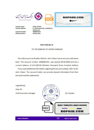 Iran Zamin bank reference letter template in Word and PDF format
