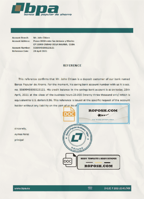 Cuba Banco Popular de Ahorro (BPA) bank account reference letter template in Word and PDF format