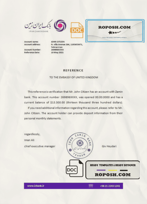 Iran Zamin bank reference letter template in Word and PDF format