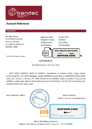 Cuba Bandec Banco de Credito y Comercio bank account reference letter template in Word and PDF format