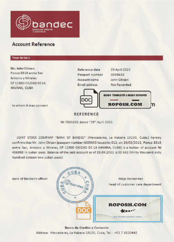 Cuba Bandec Banco de Credito y Comercio bank account reference letter template in Word and PDF format
