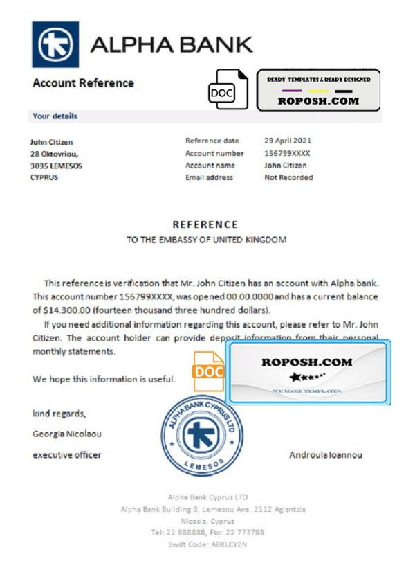 Cyprus Alpha Bank account reference letter template in Word and PDF format