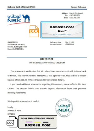 Kuwait National Bank of Kuwait bank account reference letter template in Word and PDF format