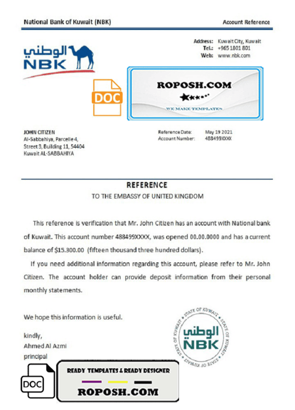 Kuwait National Bank of Kuwait bank account reference letter template in Word and PDF format