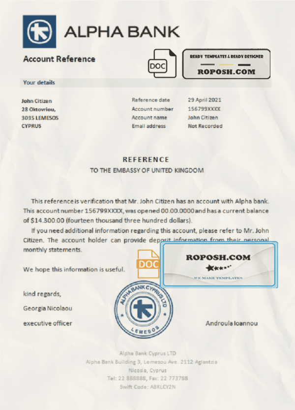 Cyprus Alpha Bank account reference letter template in Word and PDF format