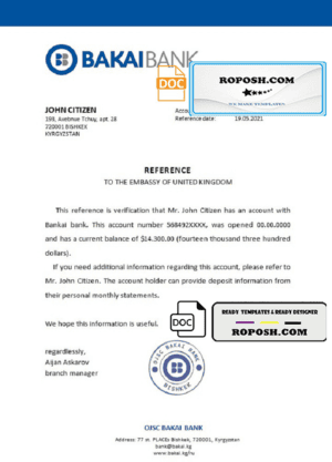 Kyrgyzstan OJSC Bakai Bank bank account reference letter template in Word and PDF format