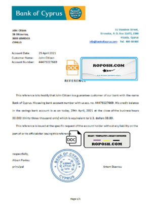Cyprus Bank of Cyprus bank account reference letter template in Word and PDF format