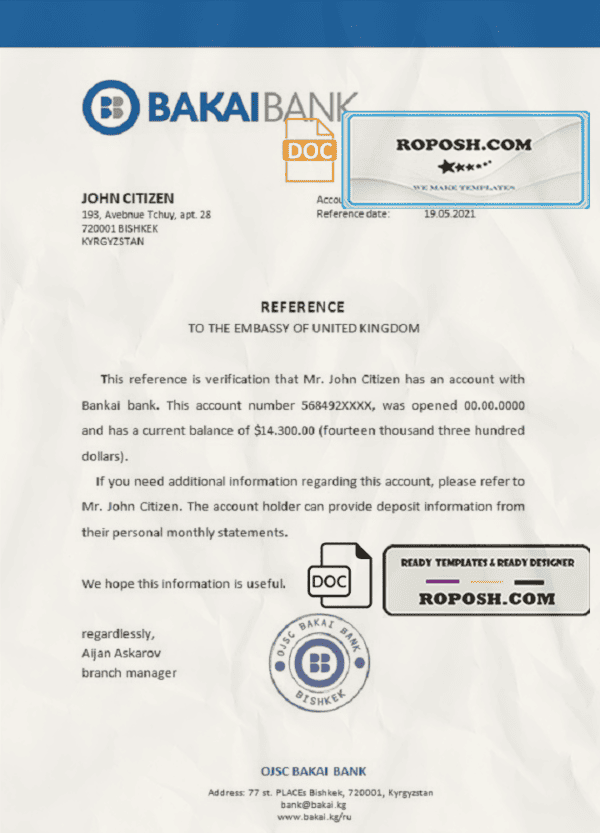 Kyrgyzstan OJSC Bakai Bank bank account reference letter template in Word and PDF format