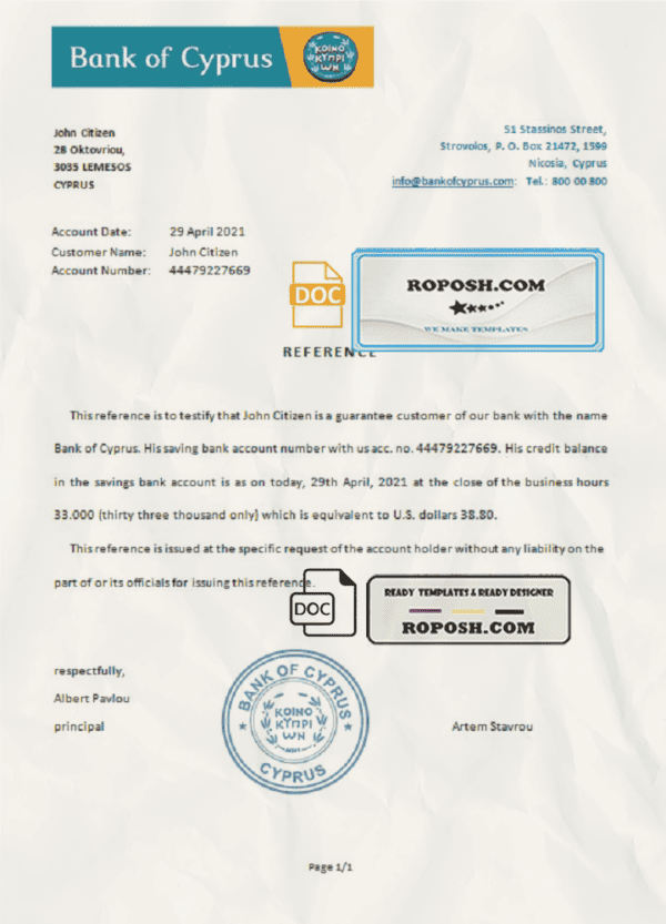 Cyprus Bank of Cyprus bank account reference letter template in Word and PDF format
