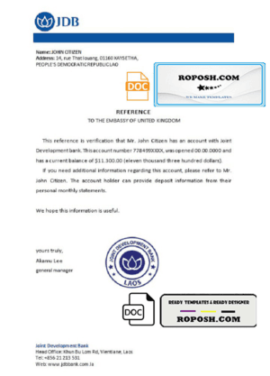 Laos Joint Development Bank bank reference letter template in Word and PDF format