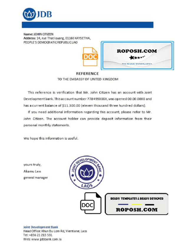 Laos Joint Development Bank bank reference letter template in Word and PDF format