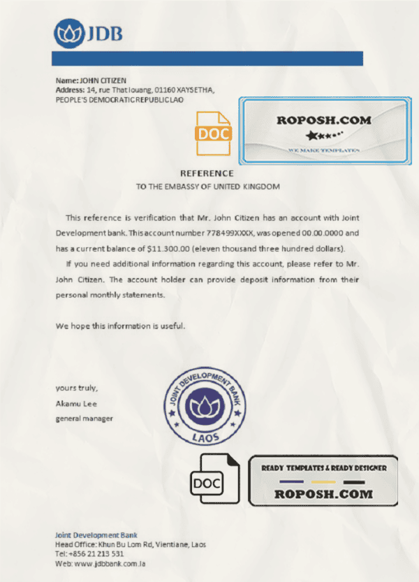 Laos Joint Development Bank bank reference letter template in Word and PDF format