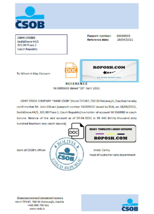 Czech Republic Československá Obchodní Banka account reference letter template in Word and PDF format