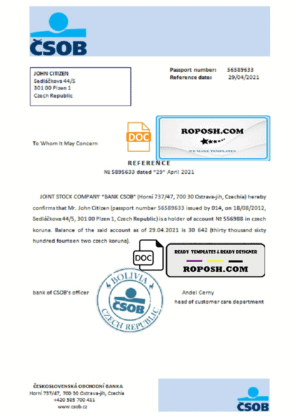 Czech Republic Československá Obchodní Banka account reference letter template in Word and PDF format