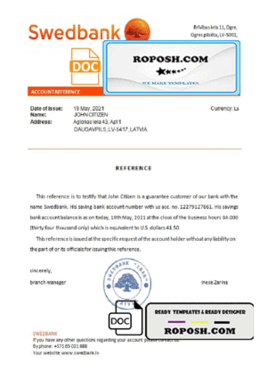 Latvia Swedbank bank reference letter template in Word and PDF format
