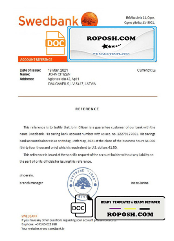 Latvia Swedbank bank reference letter template in Word and PDF format