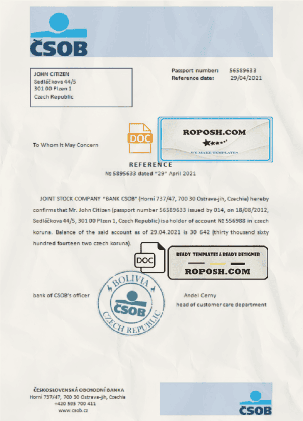Czech Republic Československá Obchodní Banka account reference letter template in Word and PDF format