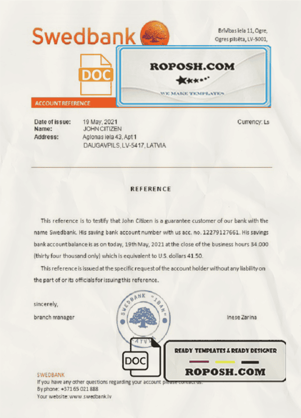 Latvia Swedbank bank reference letter template in Word and PDF format