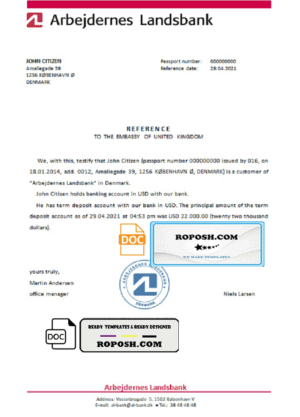 Denmark Arbejdernes Landsbank bank account reference letter template in Word and PDF format