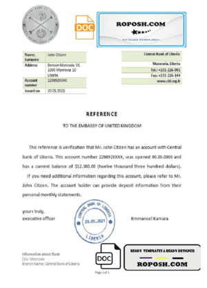 Liberia Central Bank of Liberia bank reference letter template in Word and PDF format