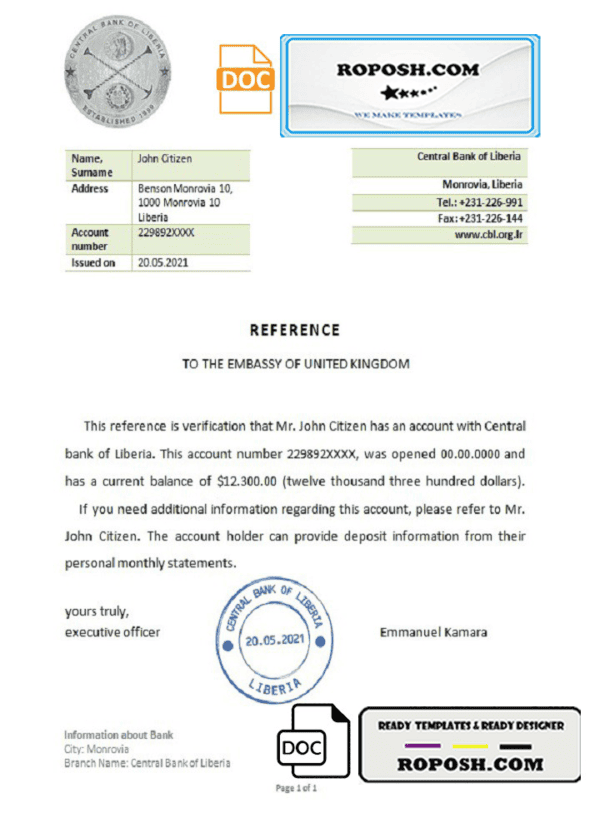 Liberia Central Bank of Liberia bank reference letter template in Word and PDF format