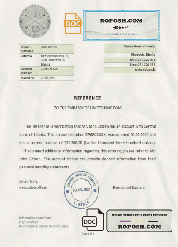 Liberia Central Bank of Liberia bank reference letter template in Word and PDF format